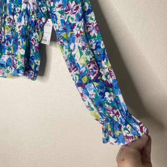 So Good For Life Top XL Blue‎ Floral Long Sleeve Square Neck Peplum Babydoll NEW - Picture 8 of 13